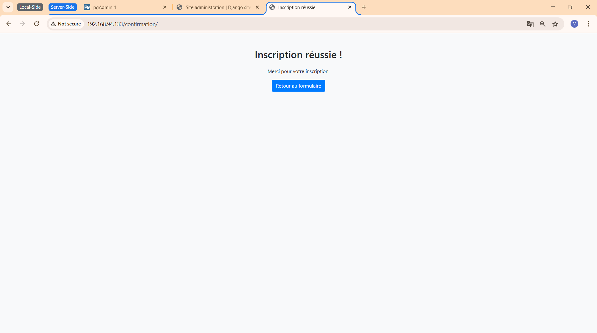 Page de confirmation inscription distant
